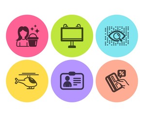 Road banner, Artificial intelligence and Helicopter icons simple set. Cleaning, Id card and Credit card signs. Advertisement, Find data. Business set. Flat road banner icon. Circle button. Vector