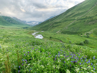 Russia, North Ossetia. Clouds over Zrug Gorge in June in cloudy weather