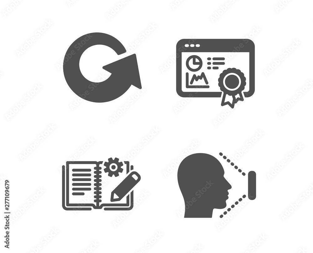 Poster set of engineering documentation, reload and seo certificate icons. face id sign. manual, update, st