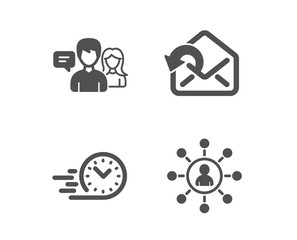 Set of Fast delivery, Send mail and People talking icons. Networking sign. Stopwatch, Sent message, Contact service. Business communication.  Classic design fast delivery icon. Flat design. Vector