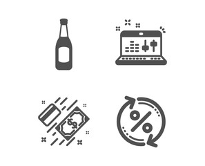 Set of Beer, Payment and Sound check icons. Loan percent sign. Pub alcohol, Money, Dj controller. Change rate.  Classic design beer icon. Flat design. Vector
