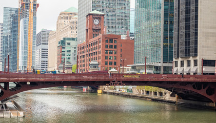 Chicago Dearborn street bridge over river, high rise buildings background