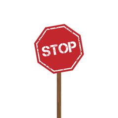 Vector old stop sign. Curve road sign. Sign restricting traffic on the road. Traffic stop sign on white background.