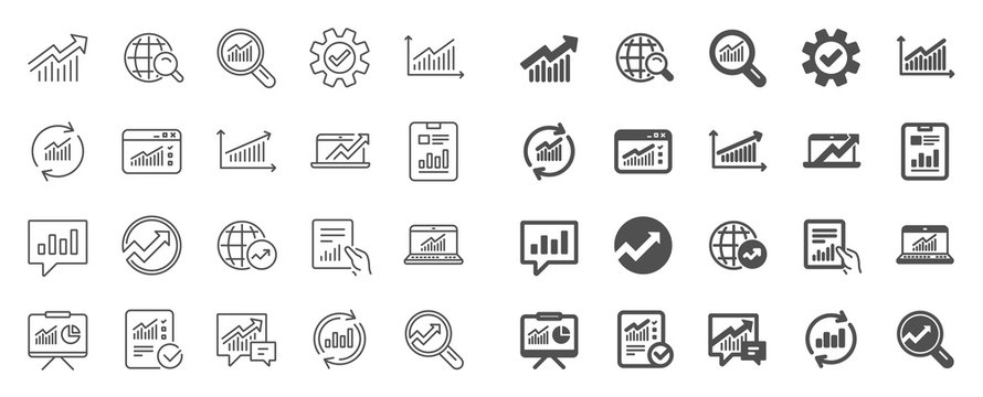 Analytics, Statistics line icons. Set of Chart, Report document and Graph icons. Data analytics, Presentation chart and Communication. Global Statistics, hold document and checklist report. Vector