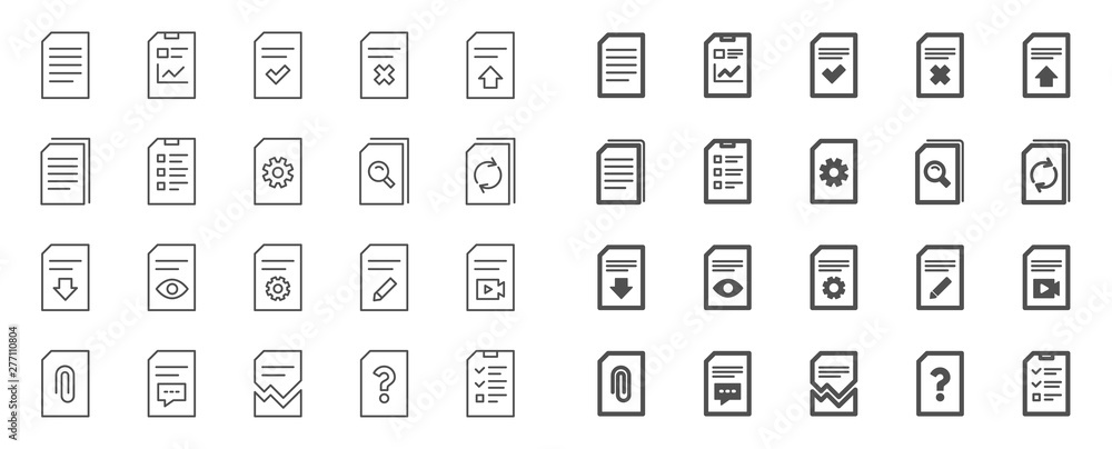 Poster document management line icons. set of report, checklist and copy icons. download file, remove and a