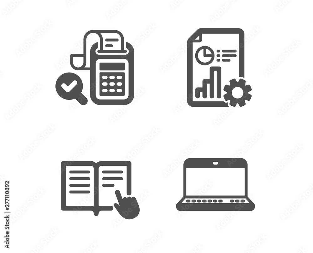 Poster set of read instruction, bill accounting and report icons. notebook sign. opened book, audit report,