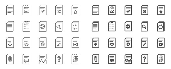 Document Management line icons. Set of Report, Checklist and Copy icons. Download file, Remove and Attach clip symbols. Search, Edit management document and Corrupt report file. Checklist copy