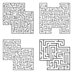 Set of four solated black mazes, labyrinth beginning complexity on white background.