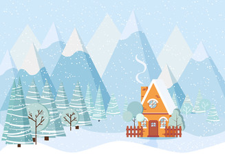 Beautiful Christmas winter landscape background with mountains, snow, trees, spruces, country house.