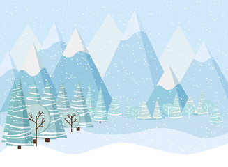 Fototapeta na wymiar Beautiful Christmas winter landscape background with mountains, snow, trees, spruces in cartoon flat style.