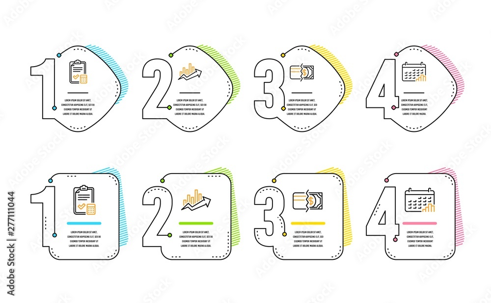 Poster accounting checklist, payment methods and growth chart icons simple set. calendar graph sign. calcul