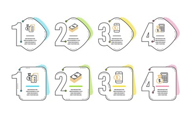 Dollar, Phone payment and Accounting wealth icons simple set. Finance calculator sign. Usd currency, Mobile pay, Audit report. Calculate money. Finance set. Infographic timeline. Line dollar icon