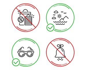 Fototapeta premium Do or Stop. Shopping bags, Sunglasses and Sea mountains icons simple set. Bell sign. Sale discount, Travel glasses, Summer travel. Alarm signal. Holidays set. Line shopping bags do icon. Vector