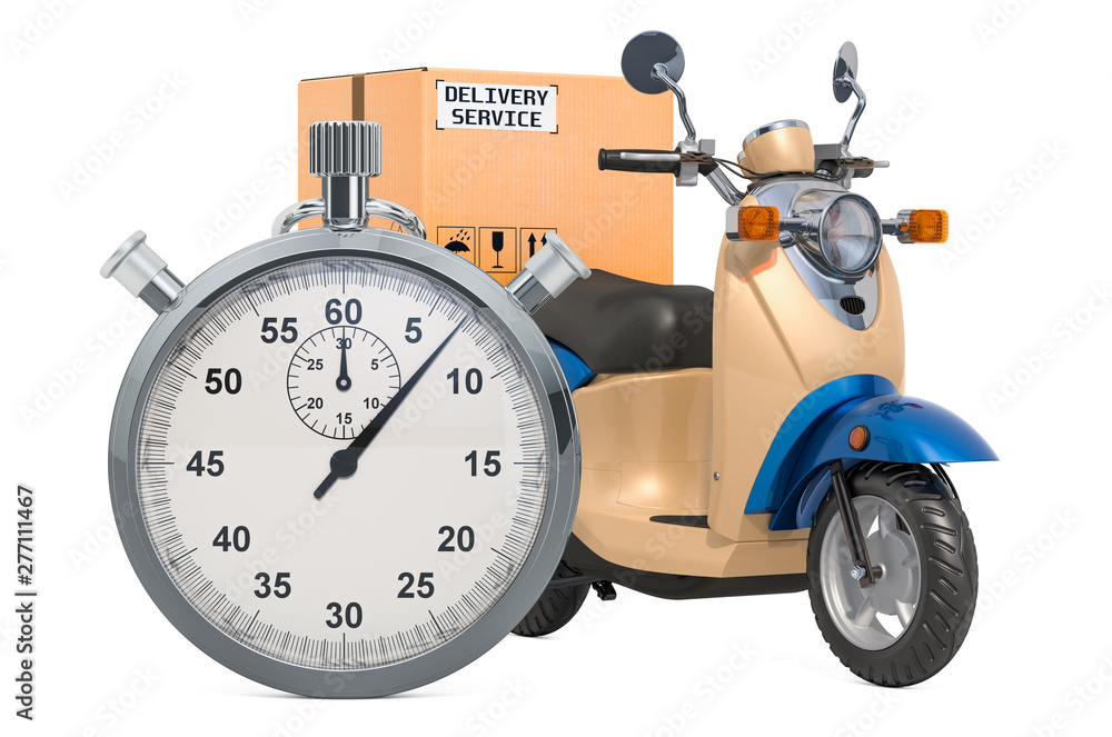 Poster delivery scooter with parcel and chronometer. fast delivery concept. 3d rendering