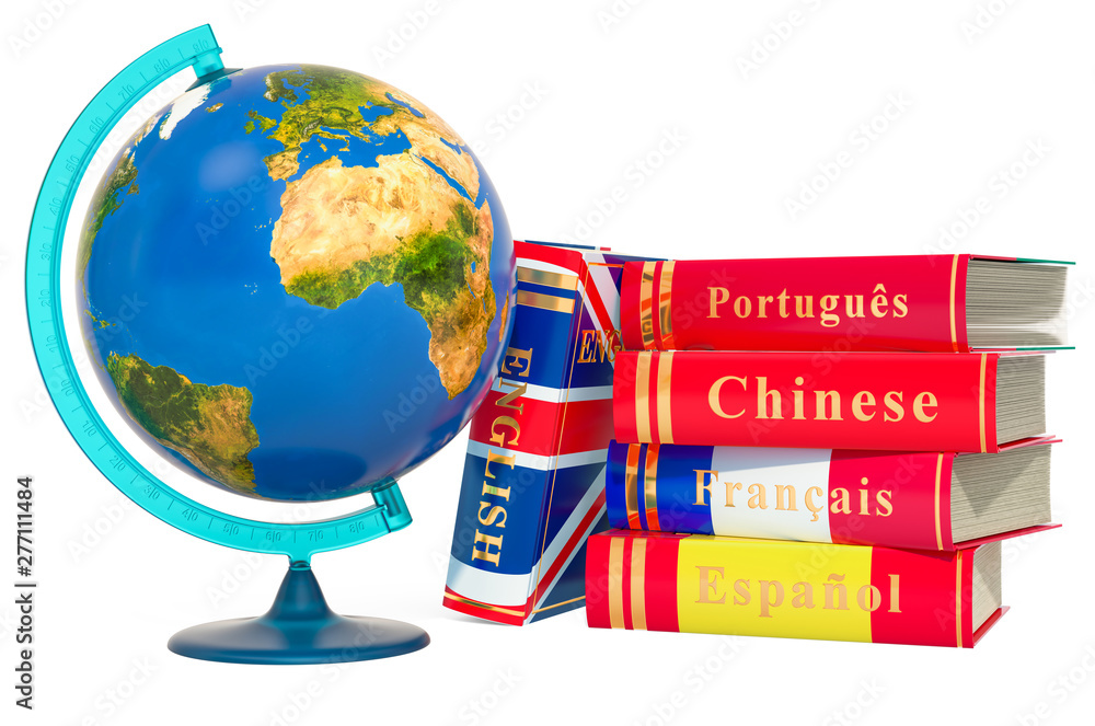 Poster languages books with geographical globe of earth, 3d rendering