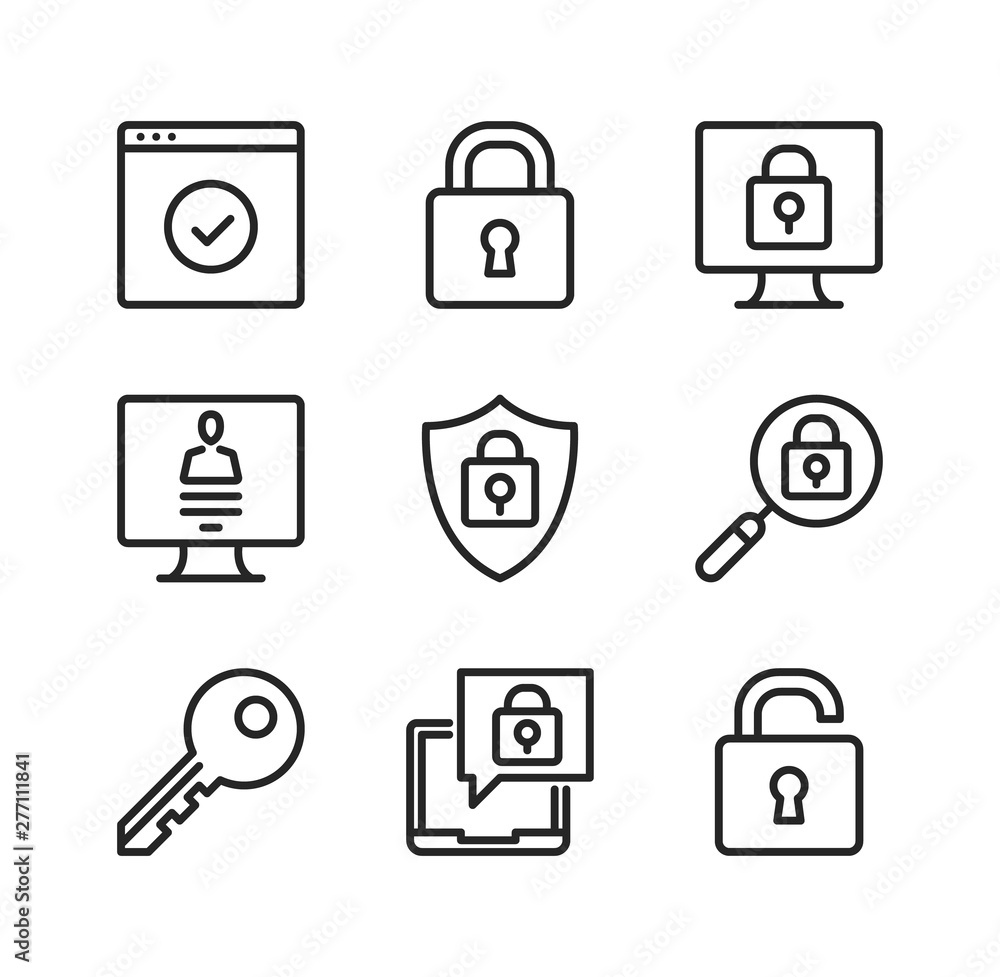 Poster computer protection vector line icons. cybersecurity, computer security concepts. simple outline sym