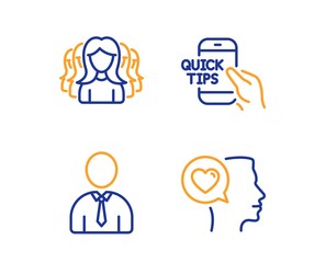 Education, Women group and Human icons simple set. Romantic talk sign. Quick tips, Lady service, Person profile. Love chat. People set. Linear education icon. Colorful design set. Vector