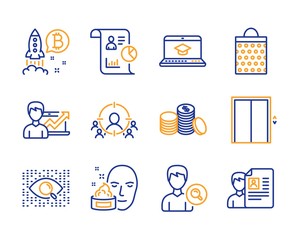 Report, Banking money and Artificial intelligence icons simple set. Success business, Business targeting and Shopping bag signs. Lift, Website education and Bitcoin project symbols. Line report icon