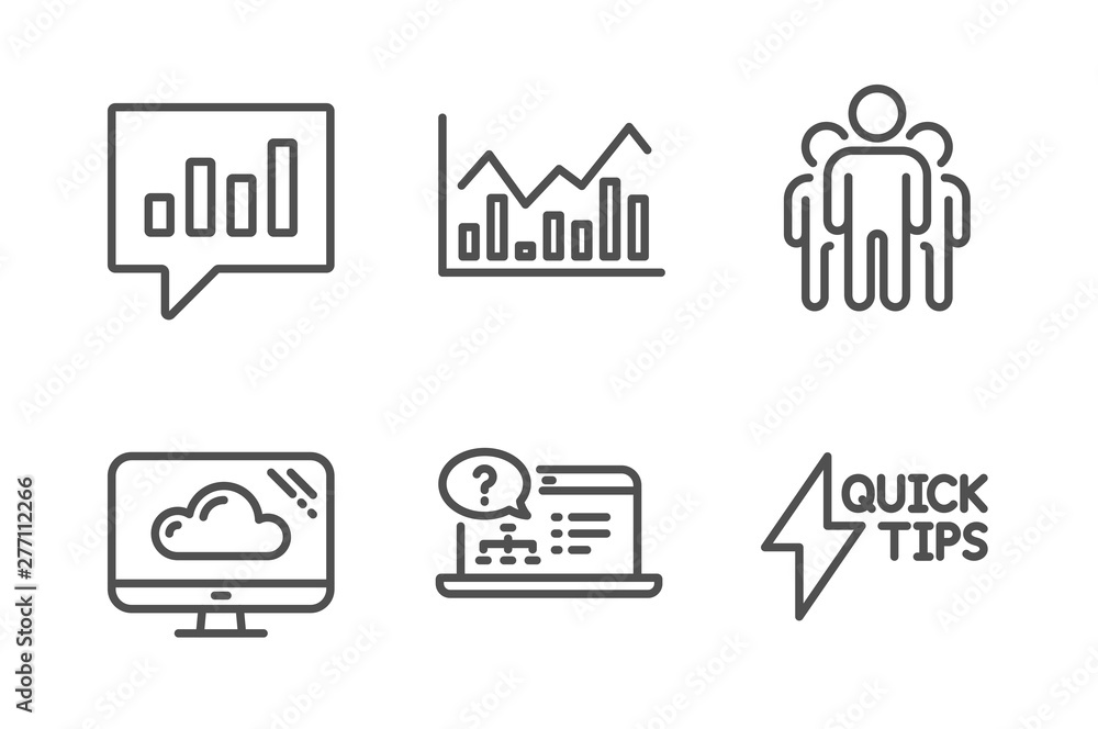 Aufkleber group, online help and cloud storage icons simple set. infochart, analytical chat and quickstart gui
