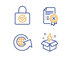 Password encryption, World globe and Reject certificate icons simple set. Creative idea sign. Protection locker, Around the world, Decline file. Lightning. Linear password encryption icon. Vector