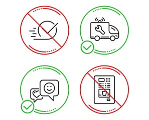 Do or Stop. Checkbox, Smile and Car service icons simple set. Coffee vending sign. Approved, Socila media, Repair service. Coffee vending machine. Line checkbox do icon. Prohibited ban stop. Vector