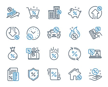 Loan line icons. Set of Investment, Interest rate and Percentage diagram linear icons. Car leasing, analytics plan, Credit card percent and loan rate. Bank mortgage, leasing, interest graph. Vector
