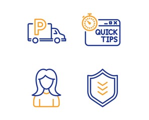 Quick tips, Truck parking and Woman icons simple set. Shield sign. Helpful tricks, Free park, Girl profile. Protection or security. Linear quick tips icon. Colorful design set. Vector