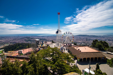 Barcelona, Spain - April, 2019: Attractions in Tibidabo Amusement Park in Barcelona