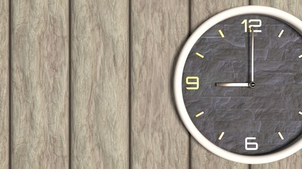 3d illustration of round shape clock on the wooden wall with copy space.