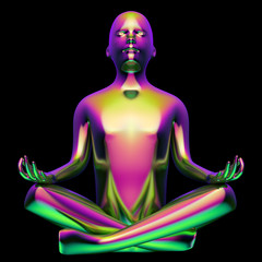 3d illustration of man lotus pose stylized figure green violet purple