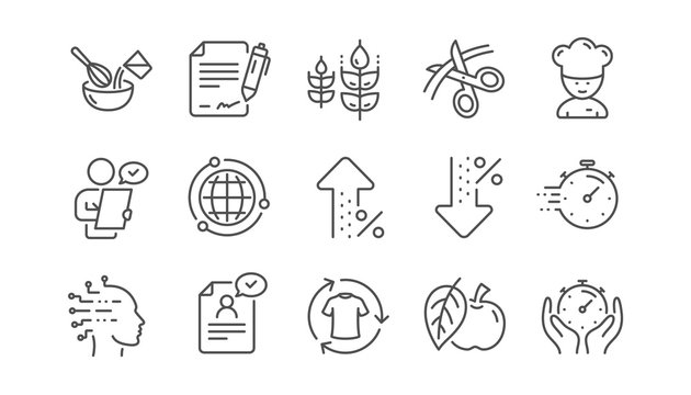 Chef hat, Customer survey, Approved application line icons. Scissors cutting, Artificial intelligence icons. Interest rate, gluten free. Linear set. Vector