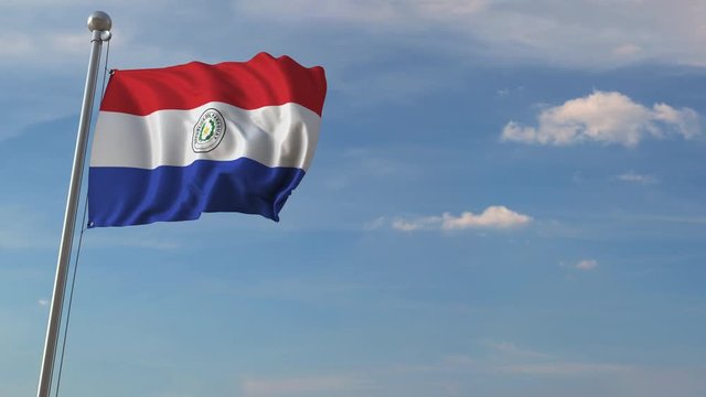 Airliner passing above national flag of Paraguay. Paraguayan air transportation related 3D animation