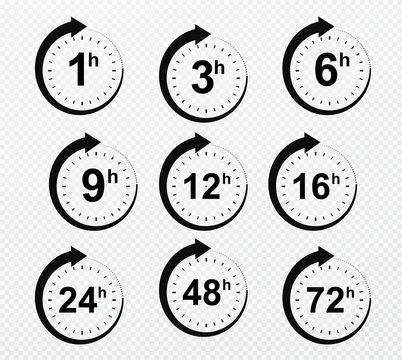 Clock arrow 1, 3, 6, 9, 12, 16, 24, 48, 72 hours. Set of delivery service time icons.