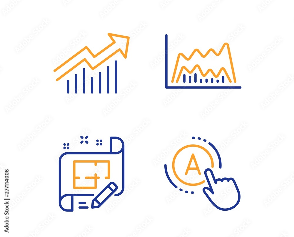 Poster trade chart, demand curve and architect plan icons simple set. ab testing sign. market data, statist