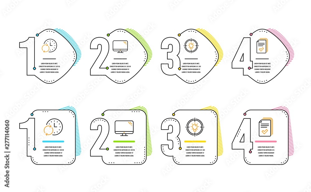 Aufkleber idea, update time and computer icons simple set. handout sign. solution, refresh clock, pc component