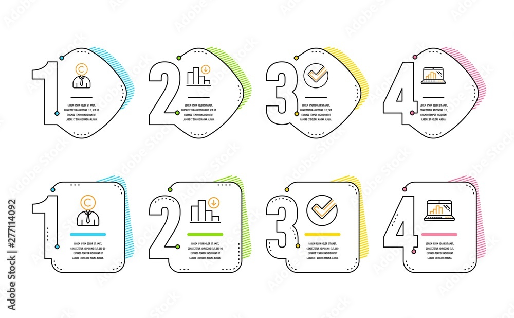 Poster copyrighter, verify and decreasing graph icons simple set. graph laptop sign. writer person, selecte