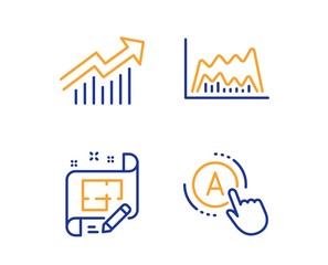 Trade chart, Demand curve and Architect plan icons simple set. Ab testing sign. Market data, Statistical report, Engineering plan. A test. Science set. Linear trade chart icon. Colorful design set