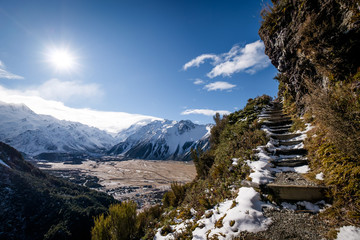Panoramic views of the surrounding area of Aoraki/mount cook area in New Zealand south island. Hiking 'stairway to heaven' to Sealy Tarns, and enjoy spectacular winter views.