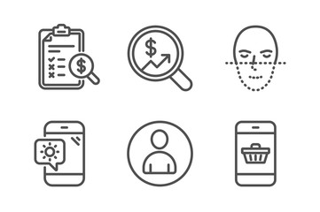 Face recognition, Accounting report and Avatar icons simple set. Currency audit, Weather phone and Smartphone buying signs. Faces biometrics, Check finance. Business set. Line face recognition icon