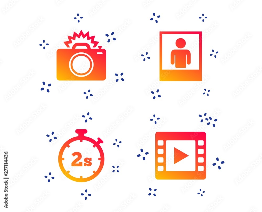 Aufkleber photo camera icon. flash light and video frame symbols. stopwatch timer 2 seconds sign. human portra