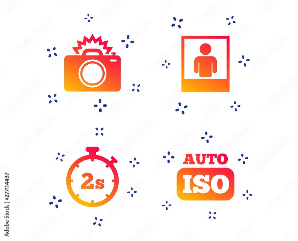 Poster photo camera icon. flash light and auto iso symbols. stopwatch timer 2 seconds sign. human portrait 