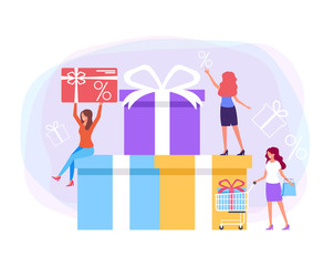 Shopping sale discount gift box concept. Vector flat cartoon design graphic illustration