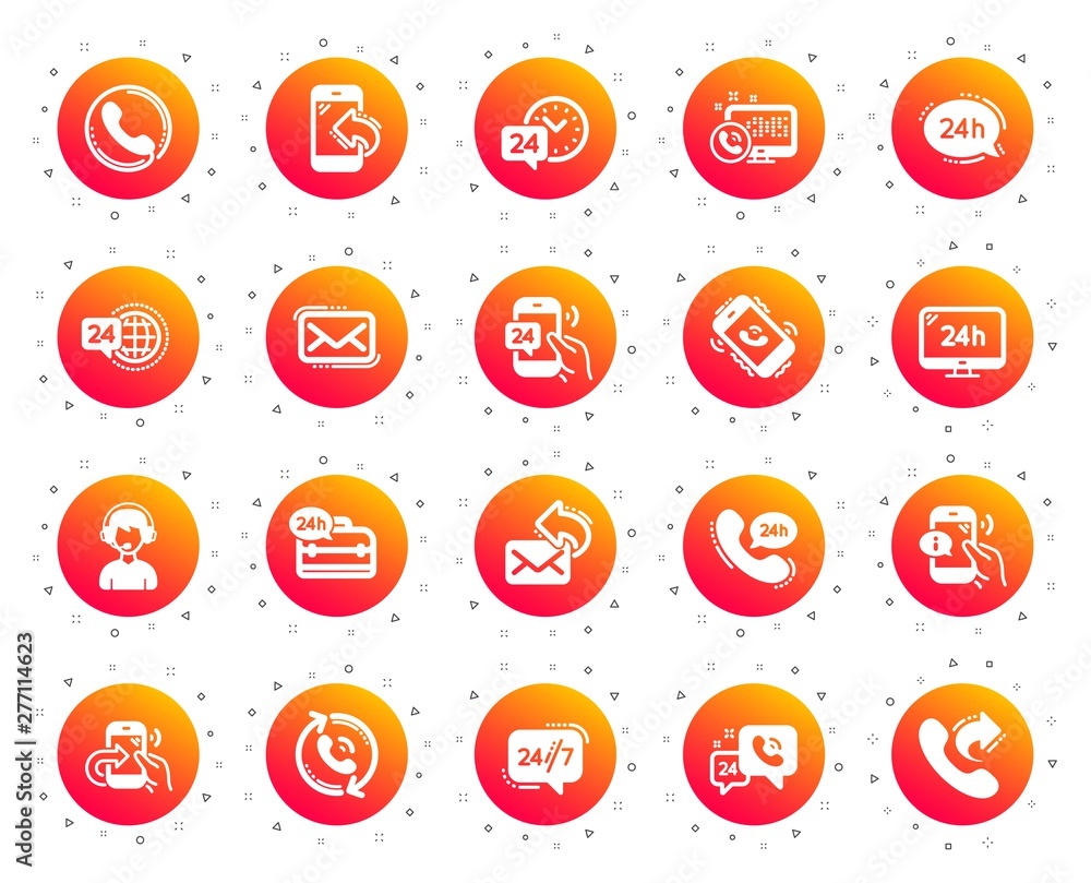 Poster processing icons. set of callback or feedback, call support and chat message icons. 24 hour service,
