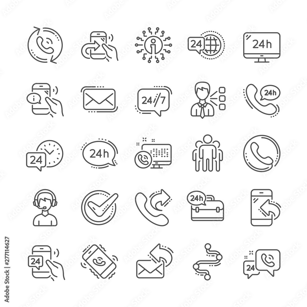 Poster processing line icons. set of call support, callback or feedback and chat message icons. 24 hour ser