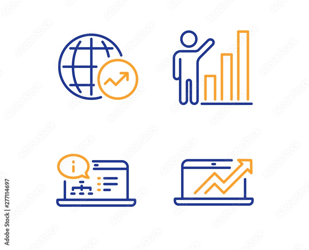 Poster graph chart, online documentation and world statistics icons simple set. sales diagram sign. growth 