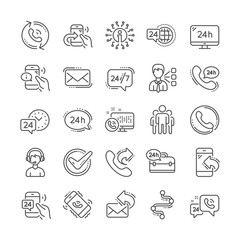 Processing line icons. Set of Call support, callback or feedback and Chat message icons. 24 hour service, Call centre, 24/7. Telephone callback, support message, feedback phone center. Vector