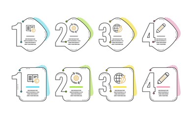 Cogwheel, Environment day and Copyright icons simple set. Pencil sign. Engineering tool, Safe world, Copywriting book. Edit data. Science set. Infographic timeline. Line cogwheel icon. Vector