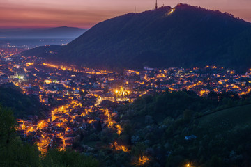 Fototapeta premium Aerial panorama of Brasov at dawn