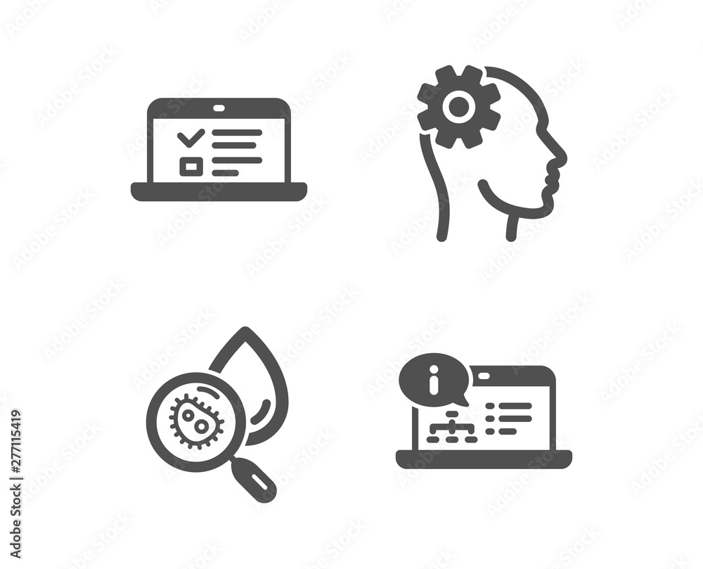 Poster set of web lectures, engineering and water analysis icons. online documentation sign. online test, c