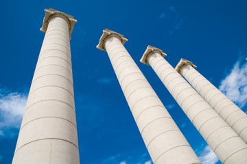BARCELONA, SPAIN - April, 2019: View on four columns at the Palau Nacional, a palace constructed...